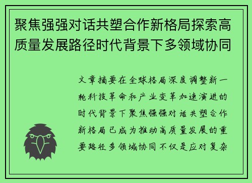 聚焦强强对话共塑合作新格局探索高质量发展路径时代背景下多领域协同